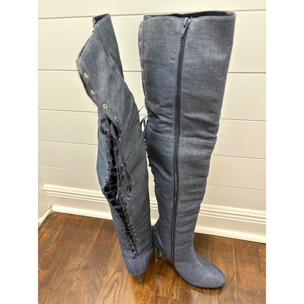 Blue Denim Thigh High Over The Knee Boots Stiletto Heel Lace Up Back Size 11